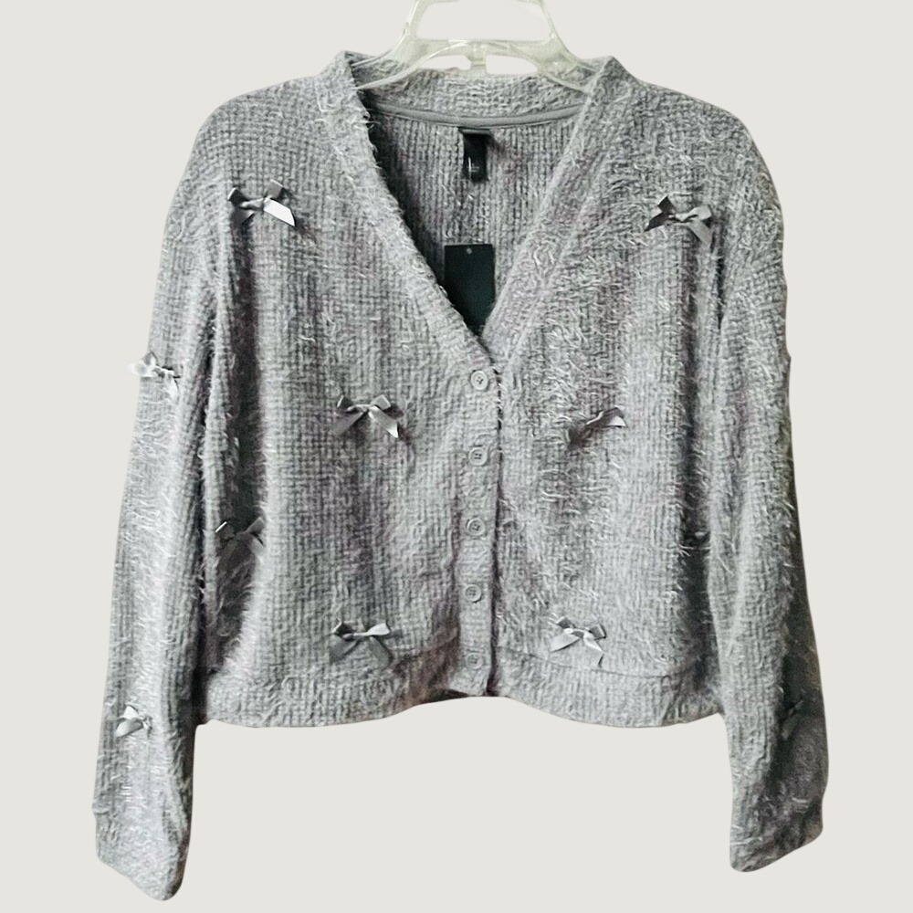 Wild Fable NWT Fuzzy Bow Cardigan Sweater Gray Balletcore Womens Small